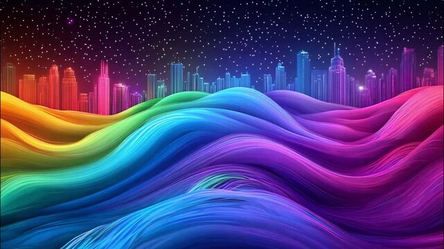 Abstract Cityscape with Vibrant Rainbow Wavy Hills Under a Starry Sky