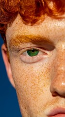 Fototapeta premium a close-up portrait of a red-haired 25 years old man with vibrant green eyes, a little freckles softly highlighted by natural sunlight. dramatic and emotional portraiture
