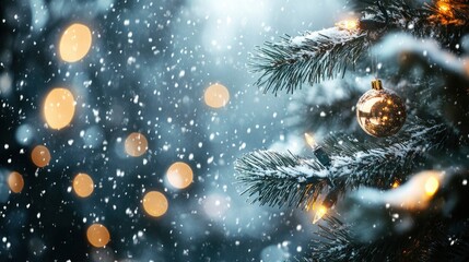 Fototapeta premium Christmas Decoration With Falling Snow And Glowing Lights - Christmas And Winter Background with generative ai
