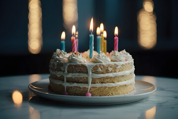 Birthday celebration with a delicious cake and lit candles