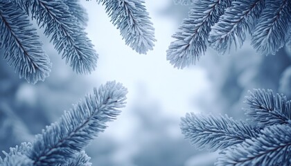 Close-up of frosted pine branches in a winter forest setting. Perfect for serene winter landscapes and nature-themed holiday projects.