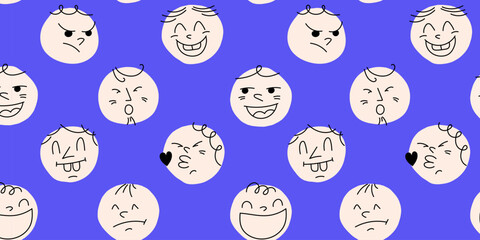Fun Emoji Icons Seamless Pattern, Emoticon Doodle Faces Repeat Background Texture. Funky Joyful Vector Illustration. Funny Characters Website. Different colorful characters.
