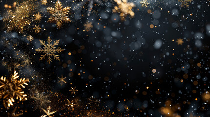 Christmas golden glitter and snowflakes on a dark background. Perfect for festive design or holiday greeting cards.