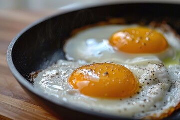 Sunny side up poached egg or omelette on a skillet or pan. Top view.