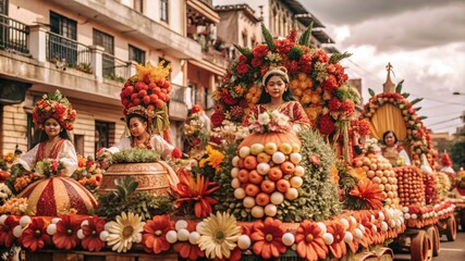 Fototapeta premium Kadayawan Festival, rows of floats decorated with flowers and fruits, colorful Davao city buildings in the background,