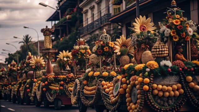 Kadayawan Festival, rows of floats decorated with flowers and fruits, colorful Davao city buildings in the background,