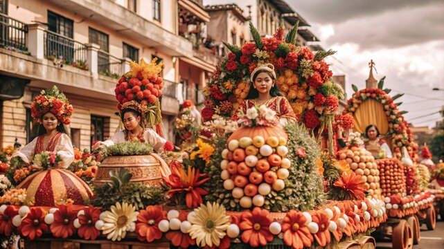 Kadayawan Festival, rows of floats decorated with flowers and fruits, colorful Davao city buildings in the background,