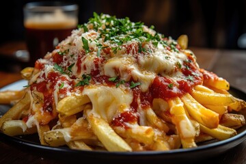 Fototapeta premium Close-up of cheesy fries with marinara sauce. Perfect for promoting a restaurant's menu or showcasing delicious, cheesy food.