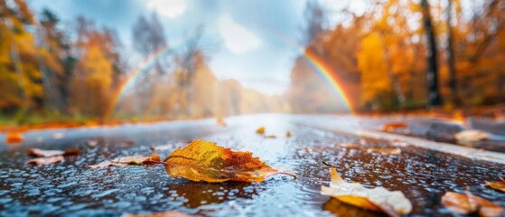  A wet road bears a solitary leaf In the backdrop, a rainbow arches over trees