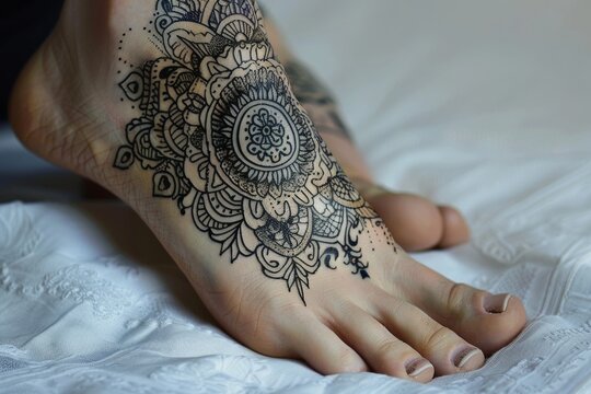 An elegant henna tattoo displayed on a woman's foot, emphasizing the intricate designs and cultural significance of the art, A foot with delicate, intricate detailing, AI generated