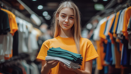 Obraz premium Young woman folding clothes at a retail store, focusing on organization and customer service