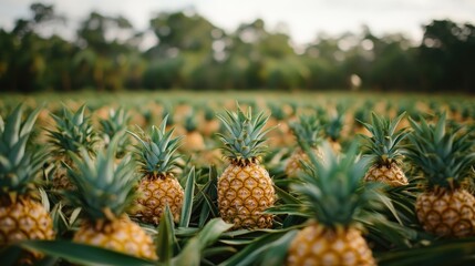 Obraz premium Pineapples growing in a field. This photo is perfect for illustrating tropical fruit farming, agriculture, or healthy eating.