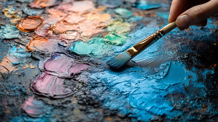 A close-up view of a brush applying vibrant, textured paint on a canvas, showcasing a mix of rich colors and artistic expression.