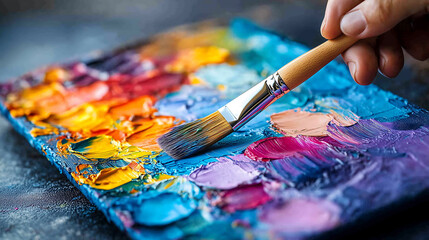 Obraz premium Close-up of brush applying vibrant paint strokes