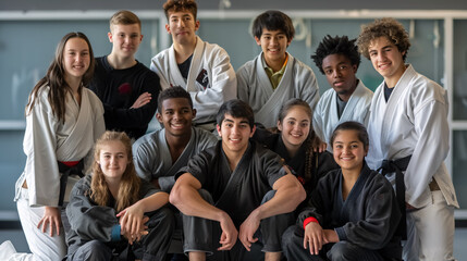 Fototapeta premium Coaches and students posing in a martial arts studio.