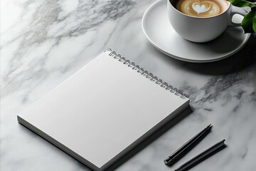 A cup of coffee and a notebook on a marble table
