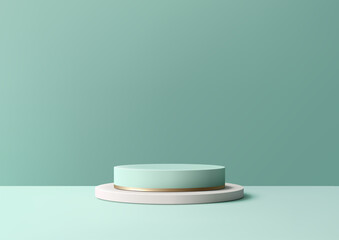 Luxury Product Display with 3D Green Circular Podium and White Cylindrical Pedestal on Mint Background for Refined Showcase, Template