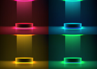 Futuristic 3D Neon Color Podium with Illuminated Neon Light for Technology Product Presentation