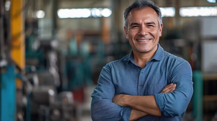 Fototapeta premium Smiling factory worker with arms crossed. Perfect for showcasing industrial work.