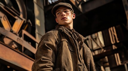 Obraz premium Young man wearing a brown jacket. This photo is perfect for a film poster or magazine cover.