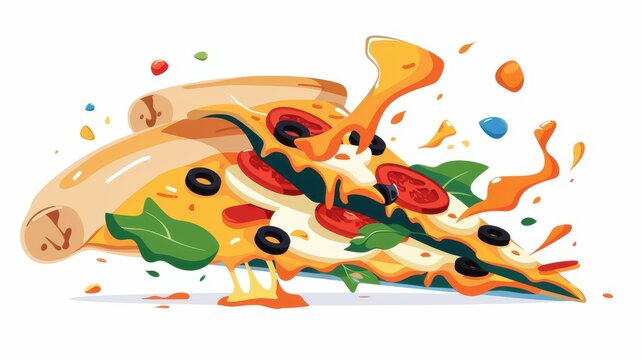 Genieen Sie ein kstliches Stck Pizza mit geschmolzenem Kse, das den Gaumen in einer modernen, bunten Illustration verfhrt