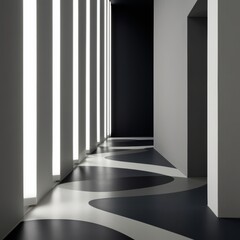 Obraz premium Architectural detail with soft white LED strips embedded in smooth, matte surfaces, forming organic patterns that play with shadow and light. The floor transitions from deep charcoal to soft grey
