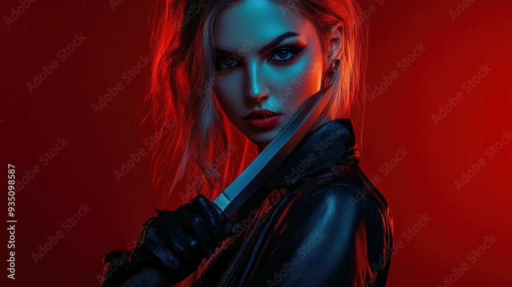 Wall mural style woman model pose for a modern mafia with a knife in her hand background wallpaper ai generated