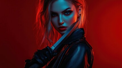 Style woman model pose for a modern mafia with a knife in her hand background wallpaper AI generated image