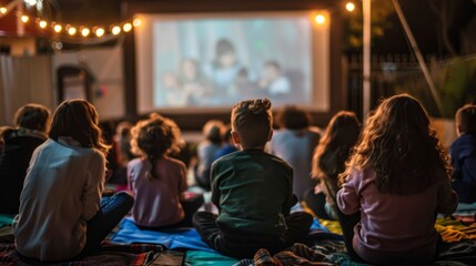 A group of children sits together on a colorful blanket, captivated by a movie projected on a screen. The warm glow of string lights adds to the cozy atmosphere