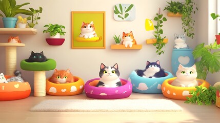 Obraz premium Cozy Cartoon Cats Lounging in Colorful Home Decor
