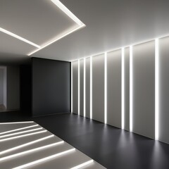 Architectural detail with soft white LED strips embedded in smooth, matte surfaces, forming organic patterns that play with shadow and light. The floor transitions from deep charcoal to soft grey