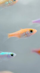 A group of colorful small fish swimming in the water with a simple background suitable for a mobile wallpaper in a minimalist style The image has white space at the top and bottom with a light gray 