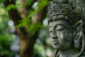 Fototapeta premium A serene Buddha statue seated amidst lush green foliage, symbolizing tranquility and peace in nature, A guardian with a soothing presence, AI generated