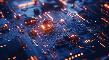 Obraz premium Circuit Board Glowing with Orange Lights