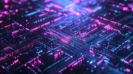 Obraz premium Neon Circuitry: A mesmerizing 3D render of intricate circuitry illuminated by vibrant neon hues, evoking the cutting-edge world of technology and digital innovation. 