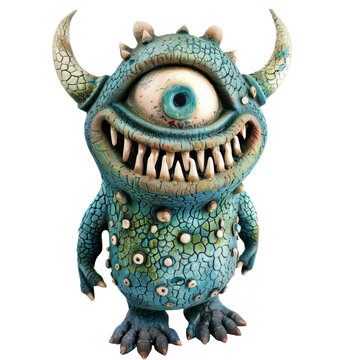 Friendly and whimsical cyclops monster, featuring a large central eye, two small horns, and a wide smile with sharp teeth