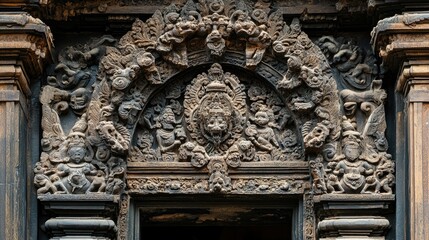 Detailed carvings on a South Asian temple door with ample space for cultural or historical content.
