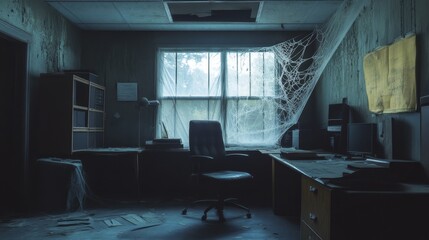 Desolate Office Covered in Cobwebs - Eerie and Abandoned Workspace with Mysterious Atmosphere