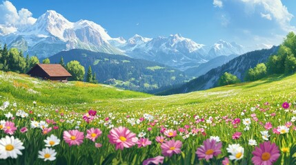 Fototapeta premium A Small Cabin in a Meadow with a Mountain View