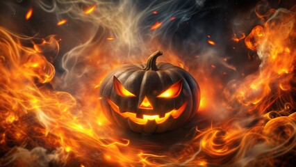 Naklejka premium Fiery Halloween Jack-O'-Lantern with Flames and Smoke