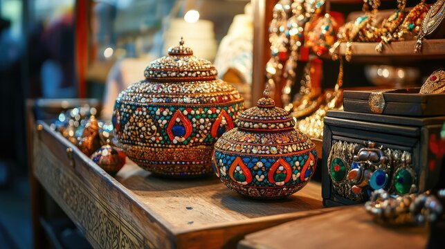 Traditional South Asian crafts displayed with space for promoting handmade goods or cultural heritage.