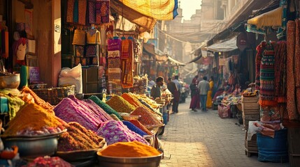 Fototapeta premium Traditional South Asian street market scene with vibrant textiles and spices, and ample space for branding.