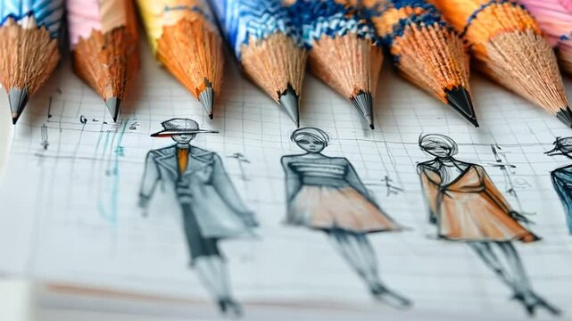 Fashion design sketches with colored pencils on graph paper