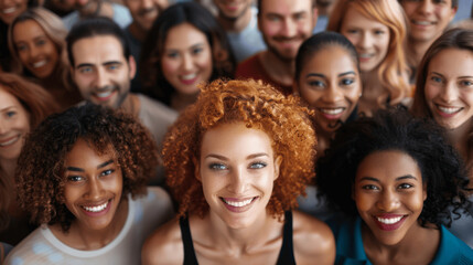 Fototapeta premium Diverse Group Of Smiling People With Focus On Woman With Curly Red Hair And Blue Eyes