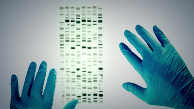 DNA match successful, slides matched up. Close up of blue gloves in criminal justice lab, crime solving genetic genealogy. A laboratory technician compares DNA samples, forensic technology. Cold case.