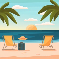 Obraz premium Sunset beach scene with two chairs, suitcase, hat, and palm trees, perfect for a relaxing vacation or travel concept.