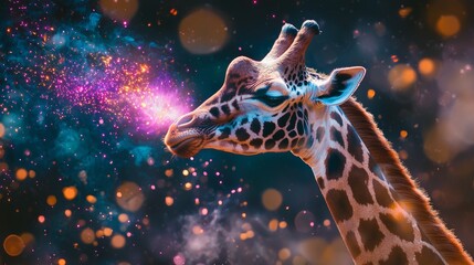 Fototapeta premium A vibrant giraffe surrounded by colorful cosmic particles, symbolizing creativity and wonder in nature.