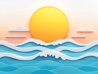 Vibrant illustration of a sunrise over ocean waves with soft pastel colors, creating a serene and uplifting atmosphere.