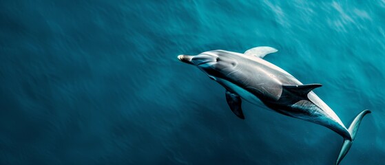 Obraz premium A dolphin swims in the ocean, its mouth open and head above water's surface
