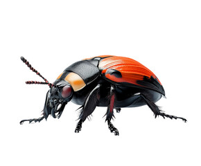 Close-up of a vivid black and orange bug on a white background, showcasing detailed features of its body and wings. sideview PNG.